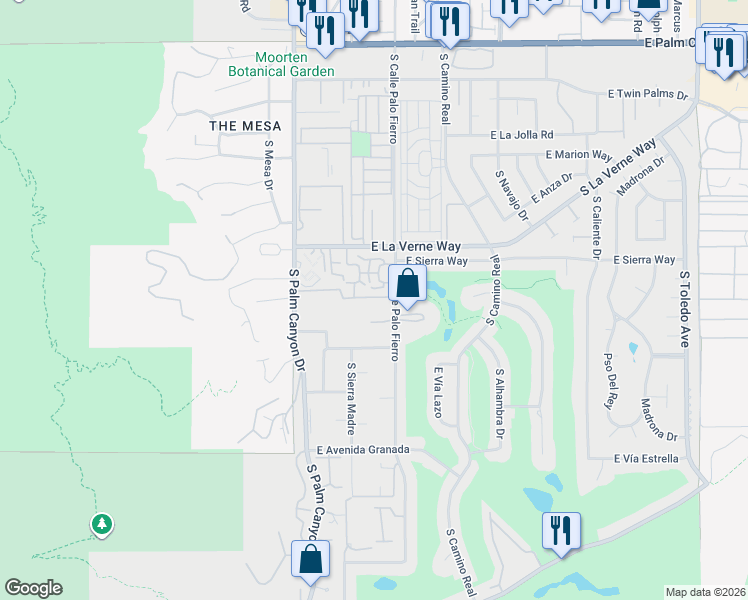 map of restaurants, bars, coffee shops, grocery stores, and more near 451 East Vía Carisma in Palm Springs