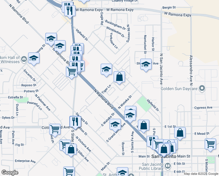 map of restaurants, bars, coffee shops, grocery stores, and more near 119 Tiger Lane in San Jacinto