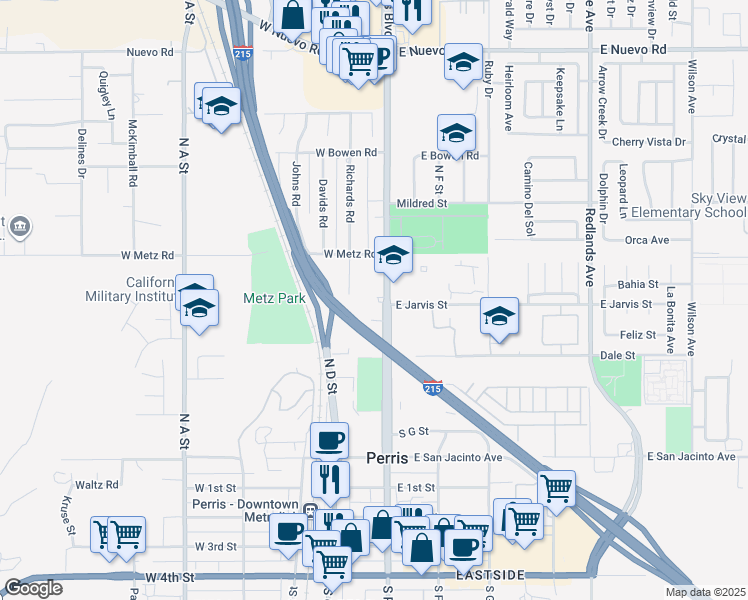 map of restaurants, bars, coffee shops, grocery stores, and more near in Perris