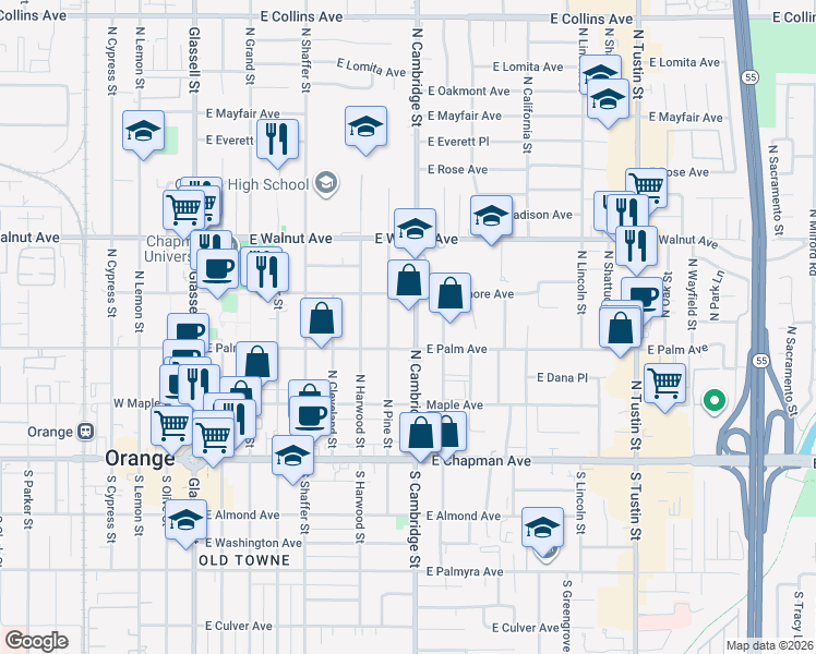 map of restaurants, bars, coffee shops, grocery stores, and more near 322 North Cambridge Street in Orange