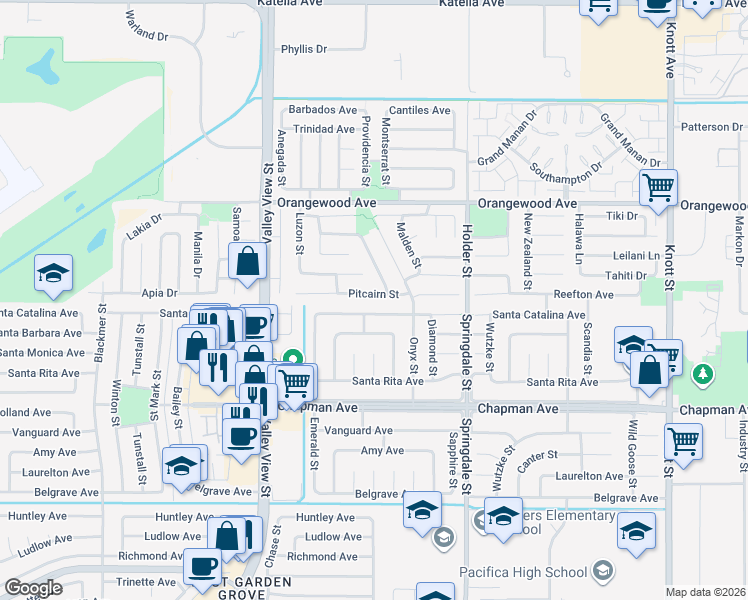 map of restaurants, bars, coffee shops, grocery stores, and more near 6221 Santa Catalina Avenue in Garden Grove
