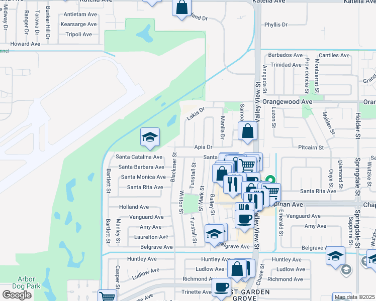 map of restaurants, bars, coffee shops, grocery stores, and more near 5621 Santa Catalina Avenue in Garden Grove