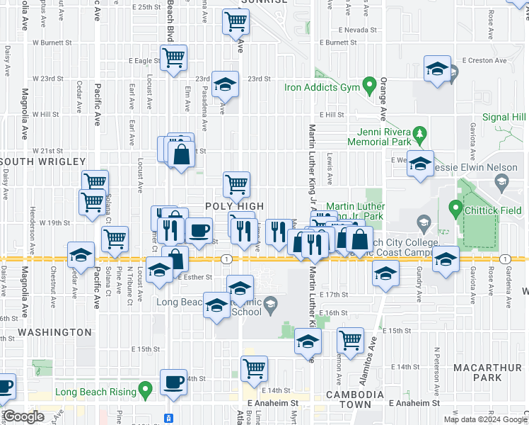 map of restaurants, bars, coffee shops, grocery stores, and more near 1908 Lime Avenue in Long Beach