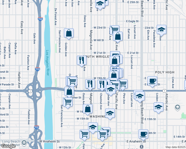 map of restaurants, bars, coffee shops, grocery stores, and more near 1909 Magnolia Avenue in Long Beach