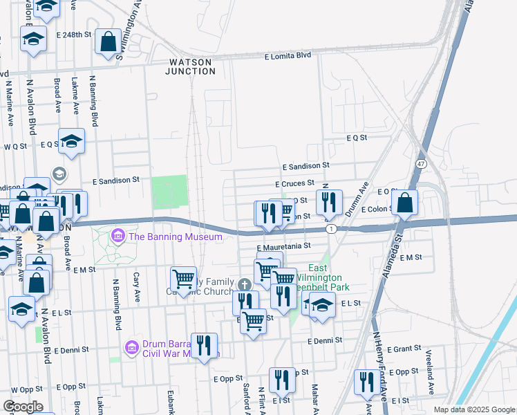 map of restaurants, bars, coffee shops, grocery stores, and more near 1042 East O Street in Los Angeles