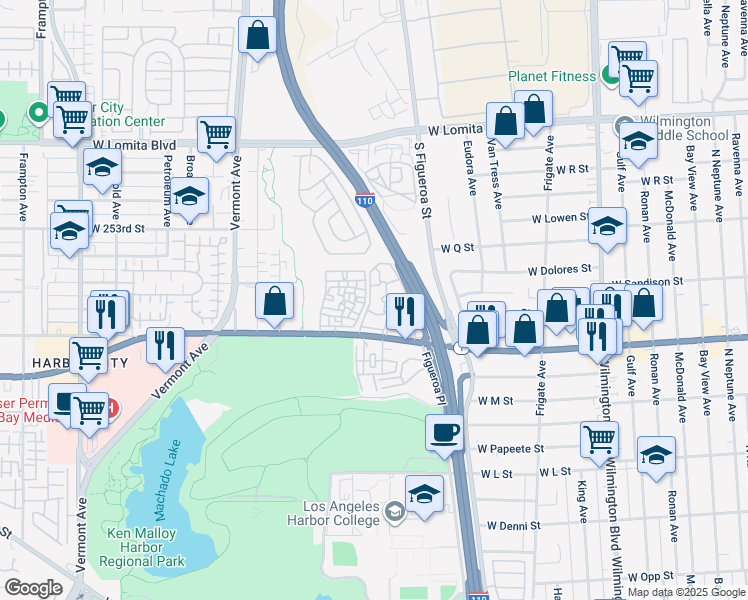 map of restaurants, bars, coffee shops, grocery stores, and more near 1716 West Pacific Coast Highway in Los Angeles