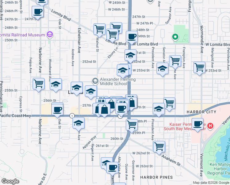 map of restaurants, bars, coffee shops, grocery stores, and more near 1800 255th Street West in Lomita