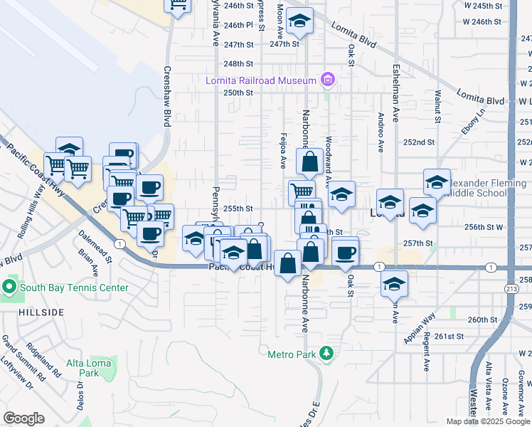map of restaurants, bars, coffee shops, grocery stores, and more near 25511 Cypress Street in Lomita