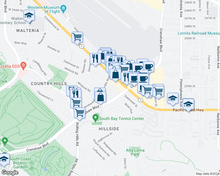 map of restaurants, bars, coffee shops, grocery stores, and more near 2730 Normallin Street in Torrance
