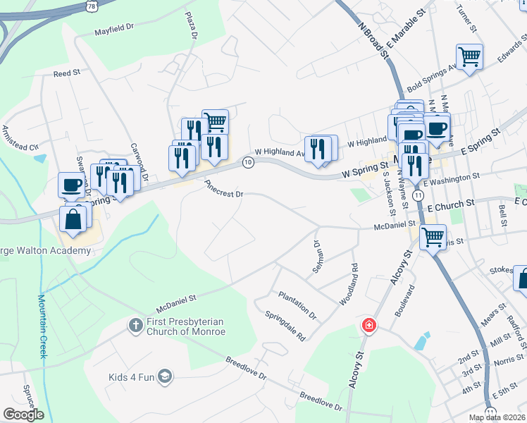 map of restaurants, bars, coffee shops, grocery stores, and more near 150 Pine Crest Drive in Monroe