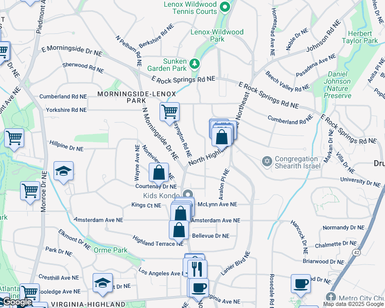 map of restaurants, bars, coffee shops, grocery stores, and more near 1366 Wessyngton Road Northeast in Atlanta