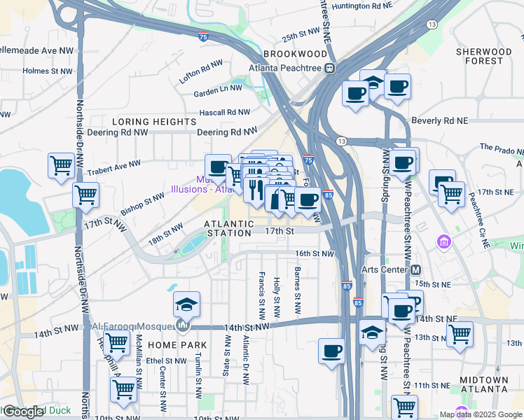 map of restaurants, bars, coffee shops, grocery stores, and more near 245 18th Street Northwest in Atlanta