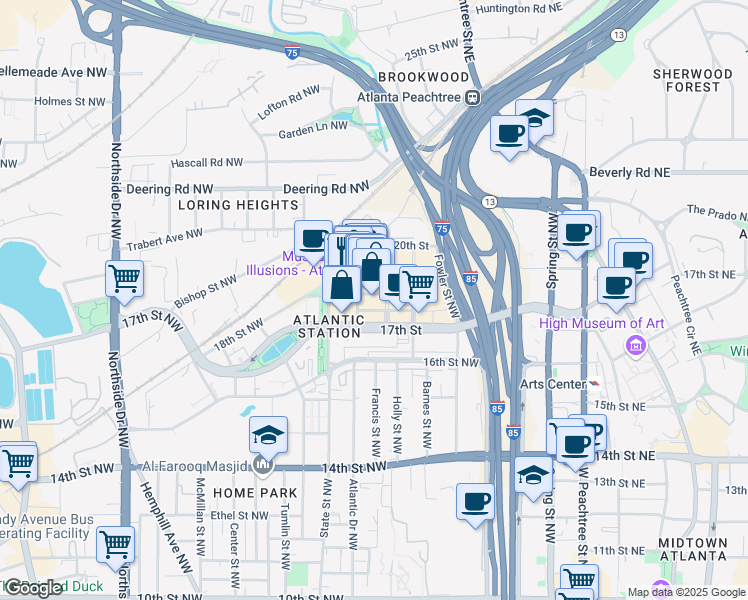 map of restaurants, bars, coffee shops, grocery stores, and more near 260 18th Street Northwest in Atlanta