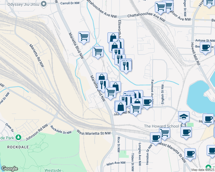 map of restaurants, bars, coffee shops, grocery stores, and more near 1269 Mackintosh Park Northwest in Atlanta