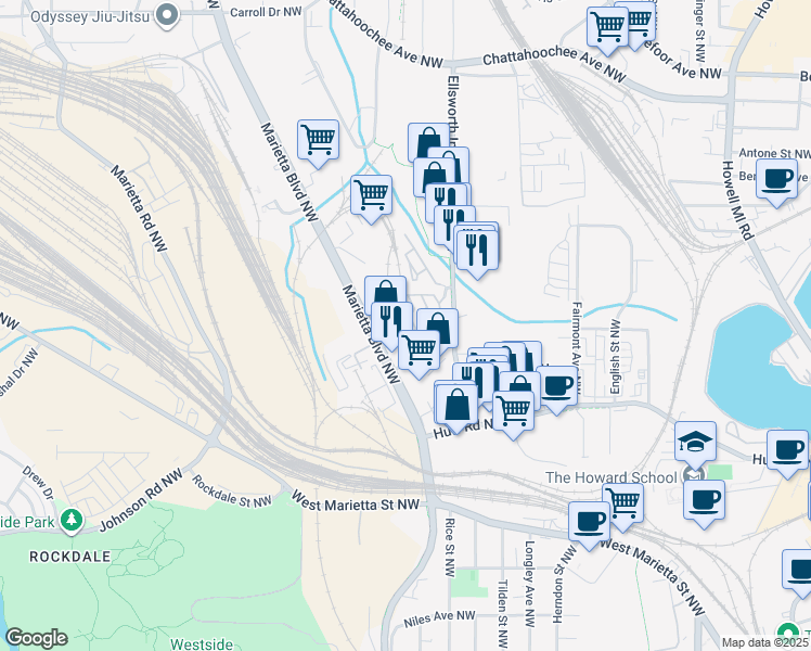 map of restaurants, bars, coffee shops, grocery stores, and more near 1269 Mackintosh Park Northwest in Atlanta