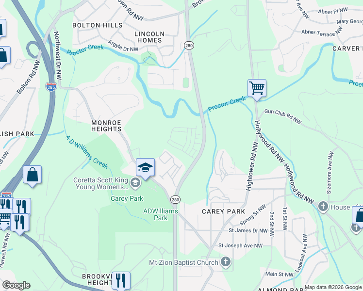 map of restaurants, bars, coffee shops, grocery stores, and more near 1332 Creekside Circle Northwest in Atlanta