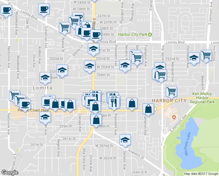 map of restaurants, bars, coffee shops, grocery stores, and more near 1624 255th Street West in Los Angeles