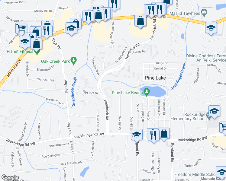 map of restaurants, bars, coffee shops, grocery stores, and more near 4381 Village Square Lane in Stone Mountain