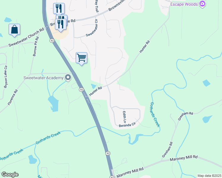 map of restaurants, bars, coffee shops, grocery stores, and more near 35 Beranda Circle in Douglasville