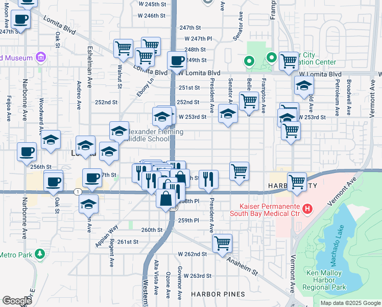 map of restaurants, bars, coffee shops, grocery stores, and more near 1661 256th Street in Los Angeles