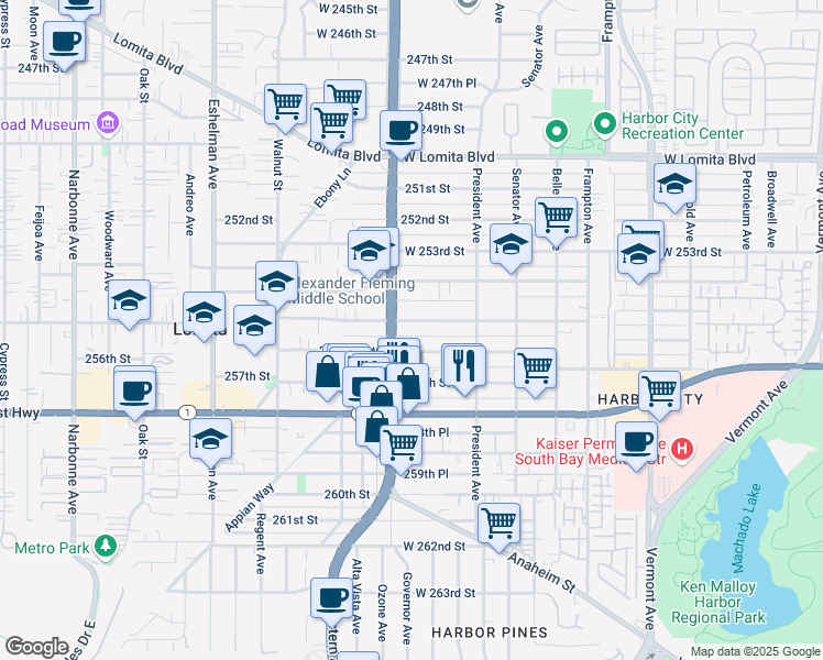 map of restaurants, bars, coffee shops, grocery stores, and more near 1661 256th Street in Los Angeles