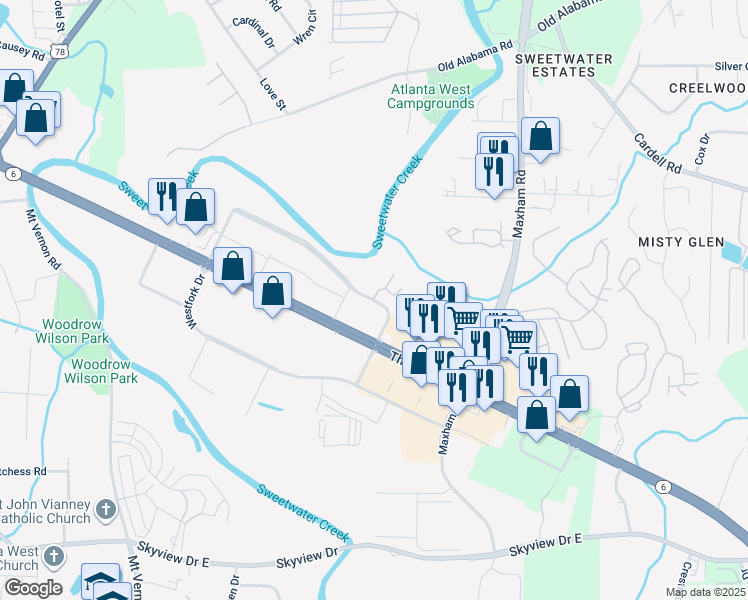 map of restaurants, bars, coffee shops, grocery stores, and more near 101 Westpark Place in Lithia Springs