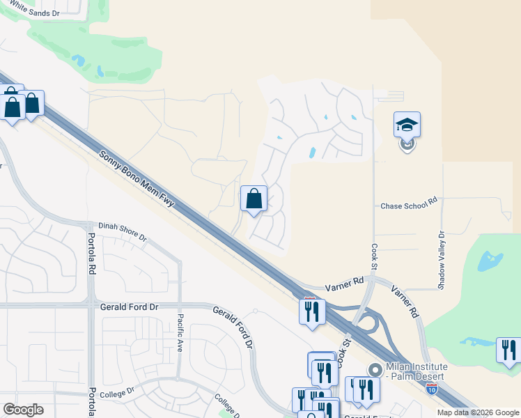 map of restaurants, bars, coffee shops, grocery stores, and more near 35249 Bandana Road in Thousand Palms
