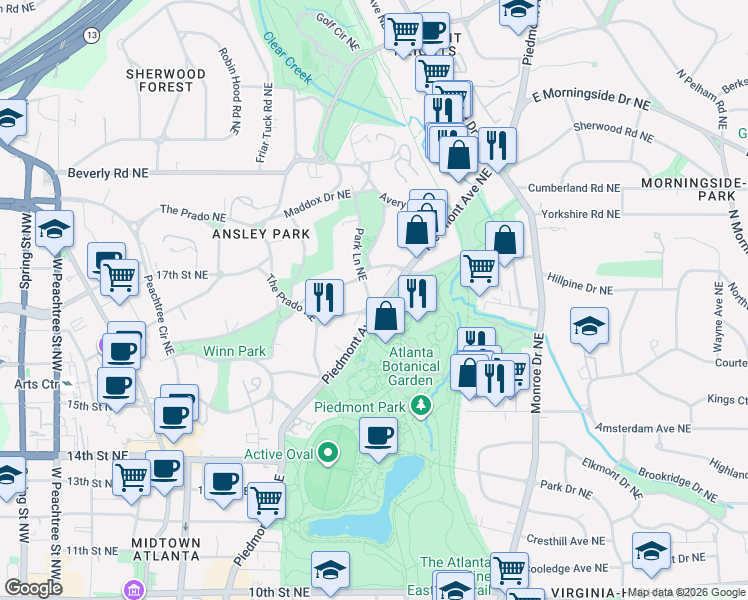 map of restaurants, bars, coffee shops, grocery stores, and more near in Atlanta