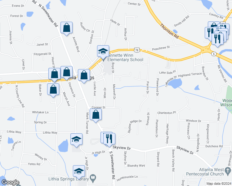 map of restaurants, bars, coffee shops, grocery stores, and more near 6694 Maxwell Drive in Lithia Springs