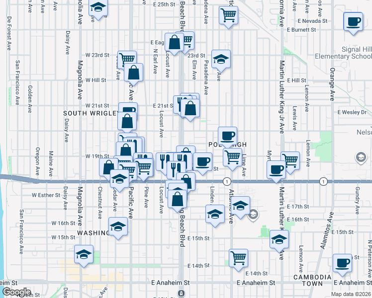 map of restaurants, bars, coffee shops, grocery stores, and more near 1900 Long Beach Boulevard in Long Beach