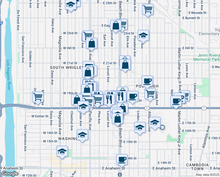 map of restaurants, bars, coffee shops, grocery stores, and more near 1916 Locust Avenue in Long Beach