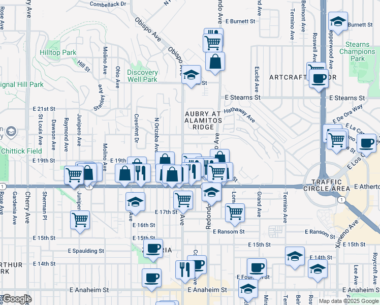 map of restaurants, bars, coffee shops, grocery stores, and more near 3271 East 19th Street in Signal Hill