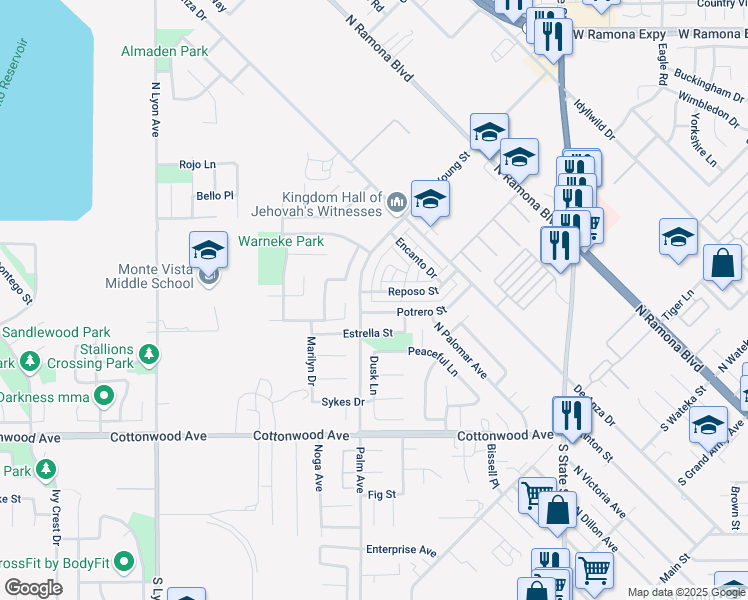 map of restaurants, bars, coffee shops, grocery stores, and more near 560 Reposo Street in San Jacinto