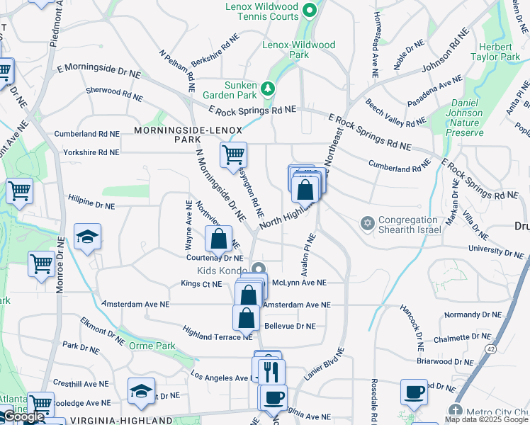 map of restaurants, bars, coffee shops, grocery stores, and more near 1366 Wessyngton Road Northeast in Atlanta