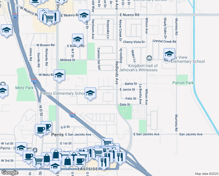 map of restaurants, bars, coffee shops, grocery stores, and more near 259 Avenida San Miguel in Perris