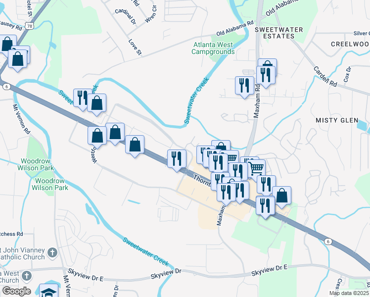 map of restaurants, bars, coffee shops, grocery stores, and more near 105 Westpark Place in Lithia Springs