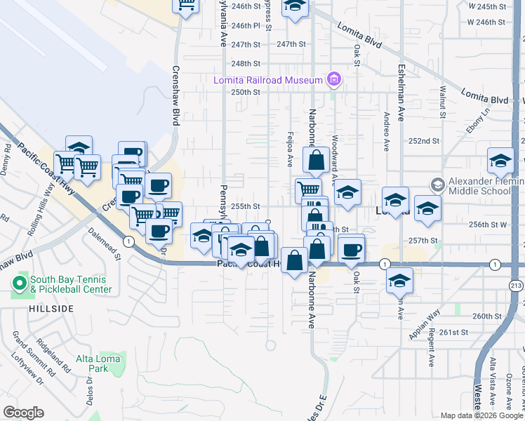 map of restaurants, bars, coffee shops, grocery stores, and more near 2306 255th Street in Lomita