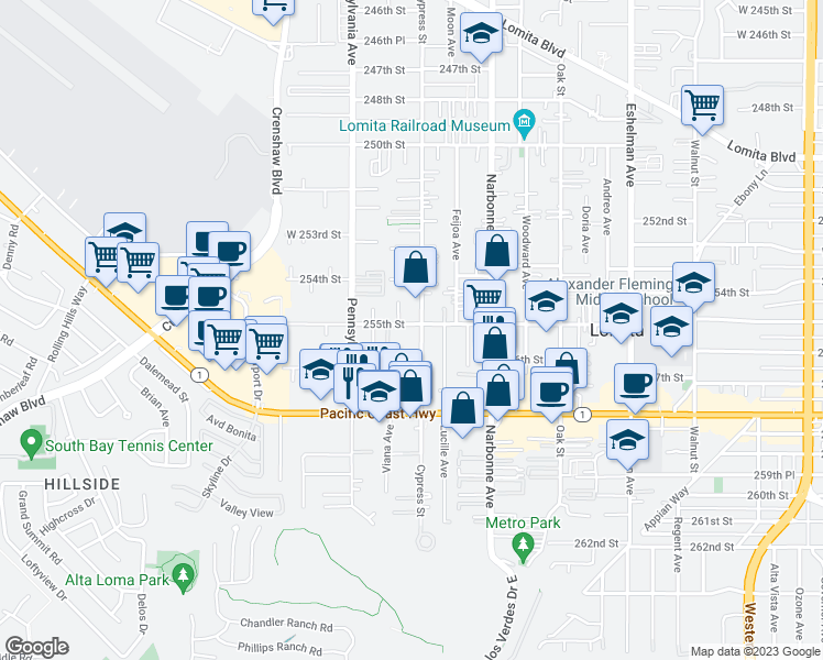 map of restaurants, bars, coffee shops, grocery stores, and more near 2306 255th Street in Lomita