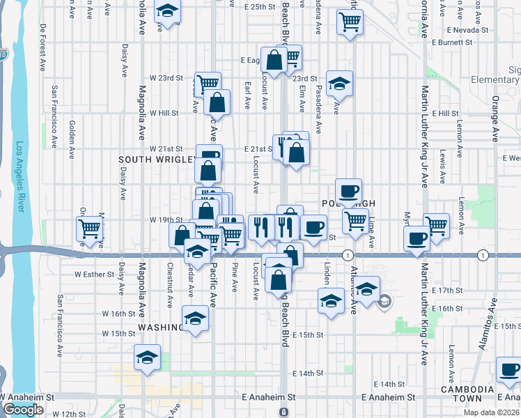 map of restaurants, bars, coffee shops, grocery stores, and more near 1922 Locust Avenue in Long Beach