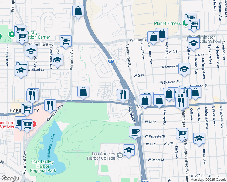 map of restaurants, bars, coffee shops, grocery stores, and more near 1716 West Pacific Coast Highway in Los Angeles