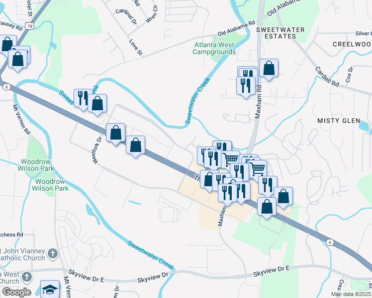 map of restaurants, bars, coffee shops, grocery stores, and more near 107 Westpark Place in Lithia Springs