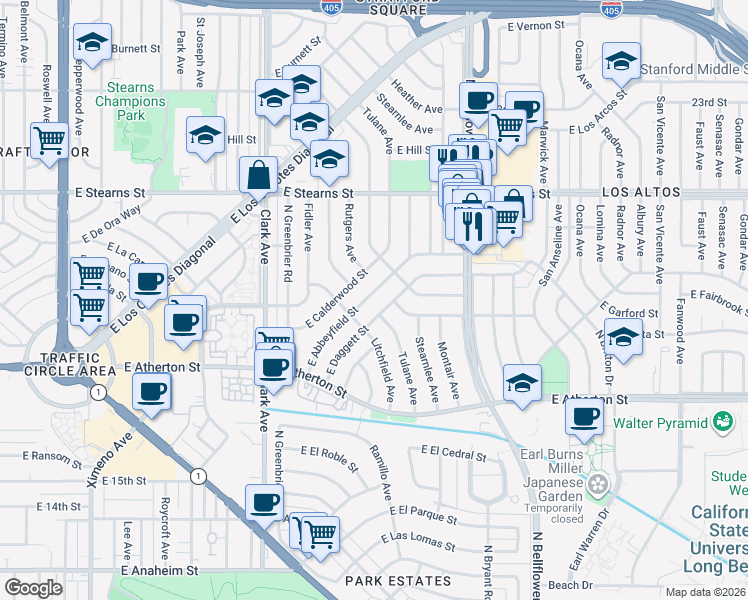 map of restaurants, bars, coffee shops, grocery stores, and more near 5330 East Abbeyfield Street in Long Beach