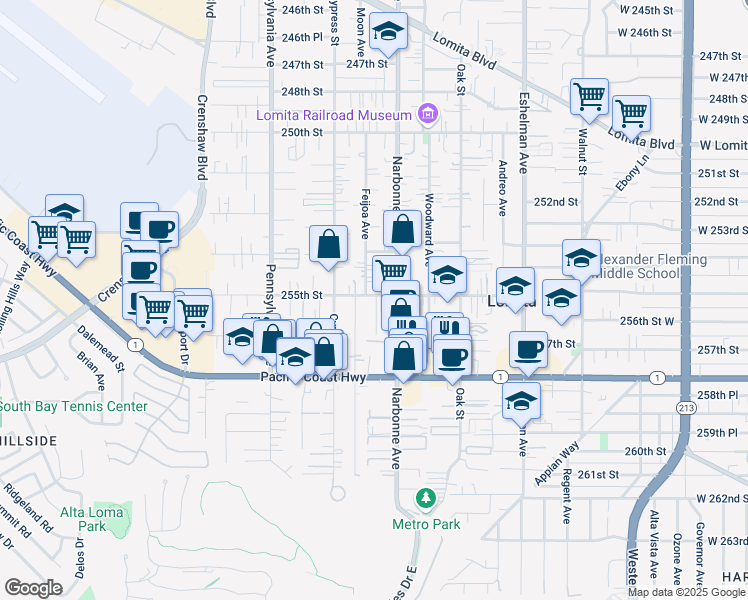 map of restaurants, bars, coffee shops, grocery stores, and more near 25519 Alliene Avenue in Lomita