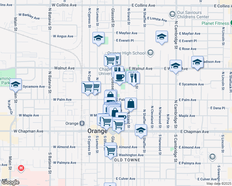 map of restaurants, bars, coffee shops, grocery stores, and more near 333 North Glassell Street in Orange