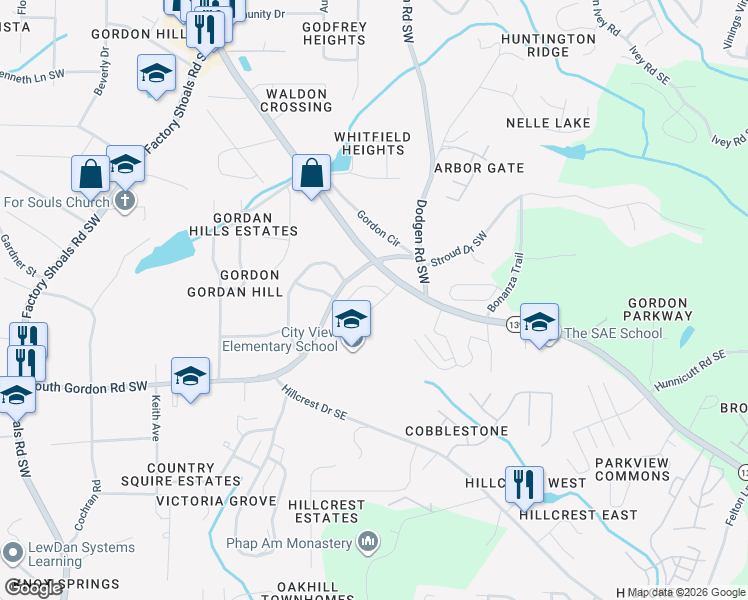 map of restaurants, bars, coffee shops, grocery stores, and more near 6590 Mableton Parkway Southwest in Mableton