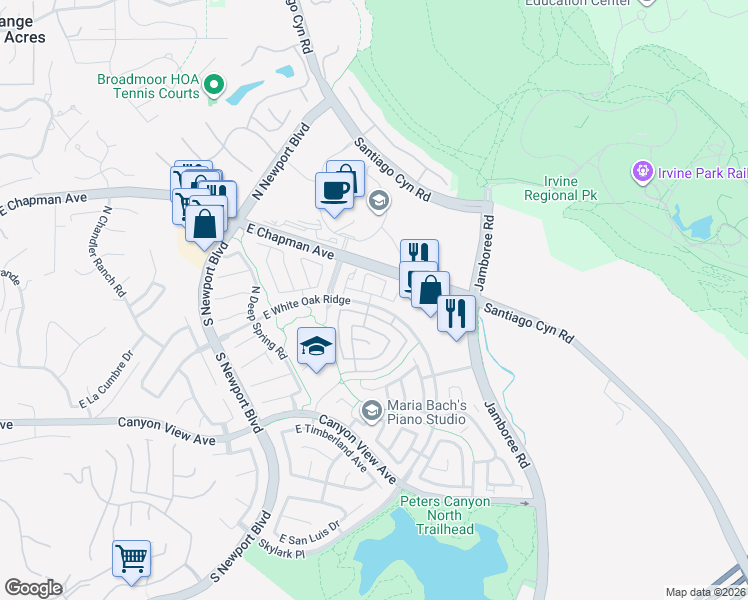 map of restaurants, bars, coffee shops, grocery stores, and more near 8215 East White Oak Ridge in Orange