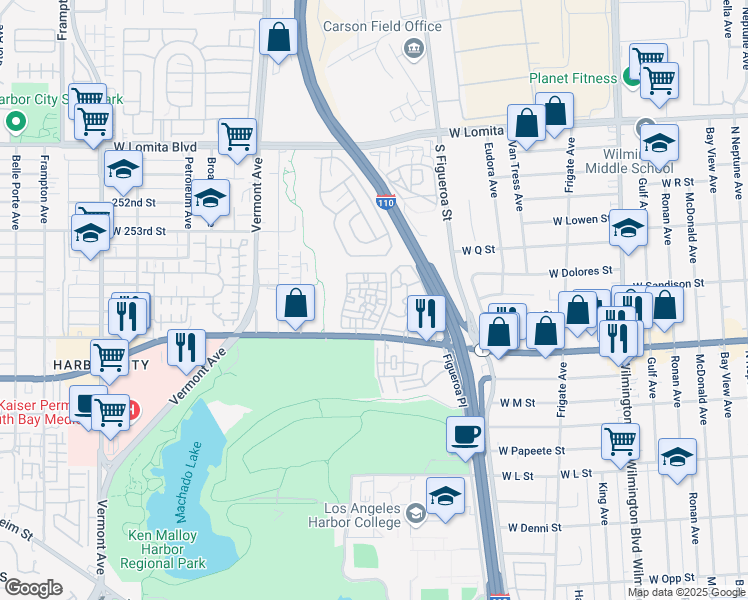 map of restaurants, bars, coffee shops, grocery stores, and more near 1716 West Pacific Coast Highway in Los Angeles