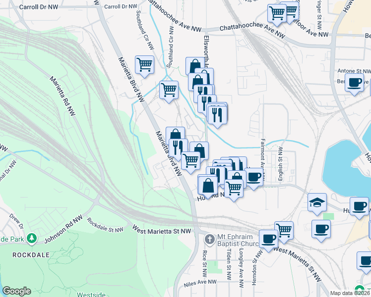 map of restaurants, bars, coffee shops, grocery stores, and more near 1274 Ponti Mews Northwest in Atlanta