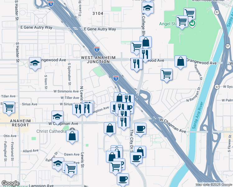 map of restaurants, bars, coffee shops, grocery stores, and more near 2434s Tapestry Way in Anaheim