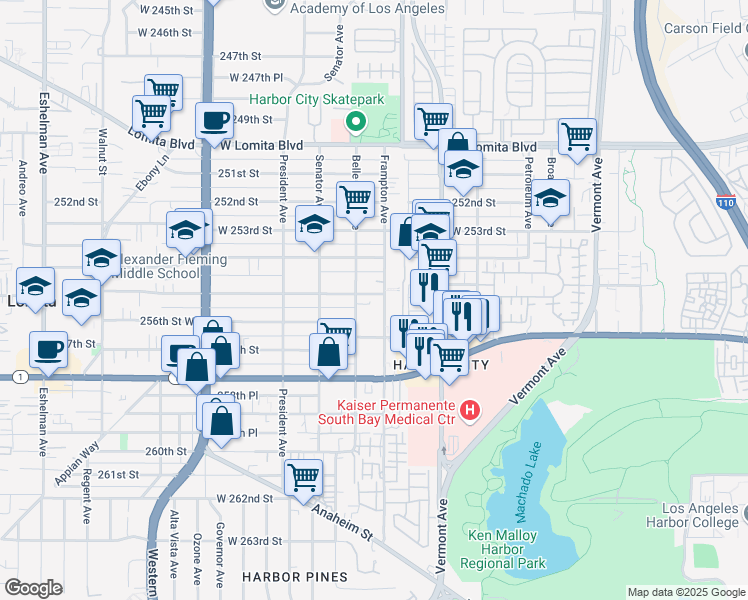 map of restaurants, bars, coffee shops, grocery stores, and more near 1340 255th Street West in Los Angeles